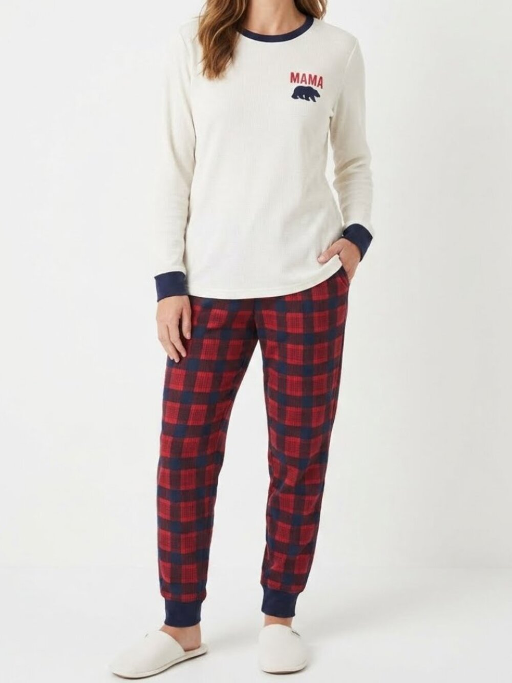 Dearfoams Mama Bear Womens Pajama Set XL Red Blue Buffalo Plaid Matching Family